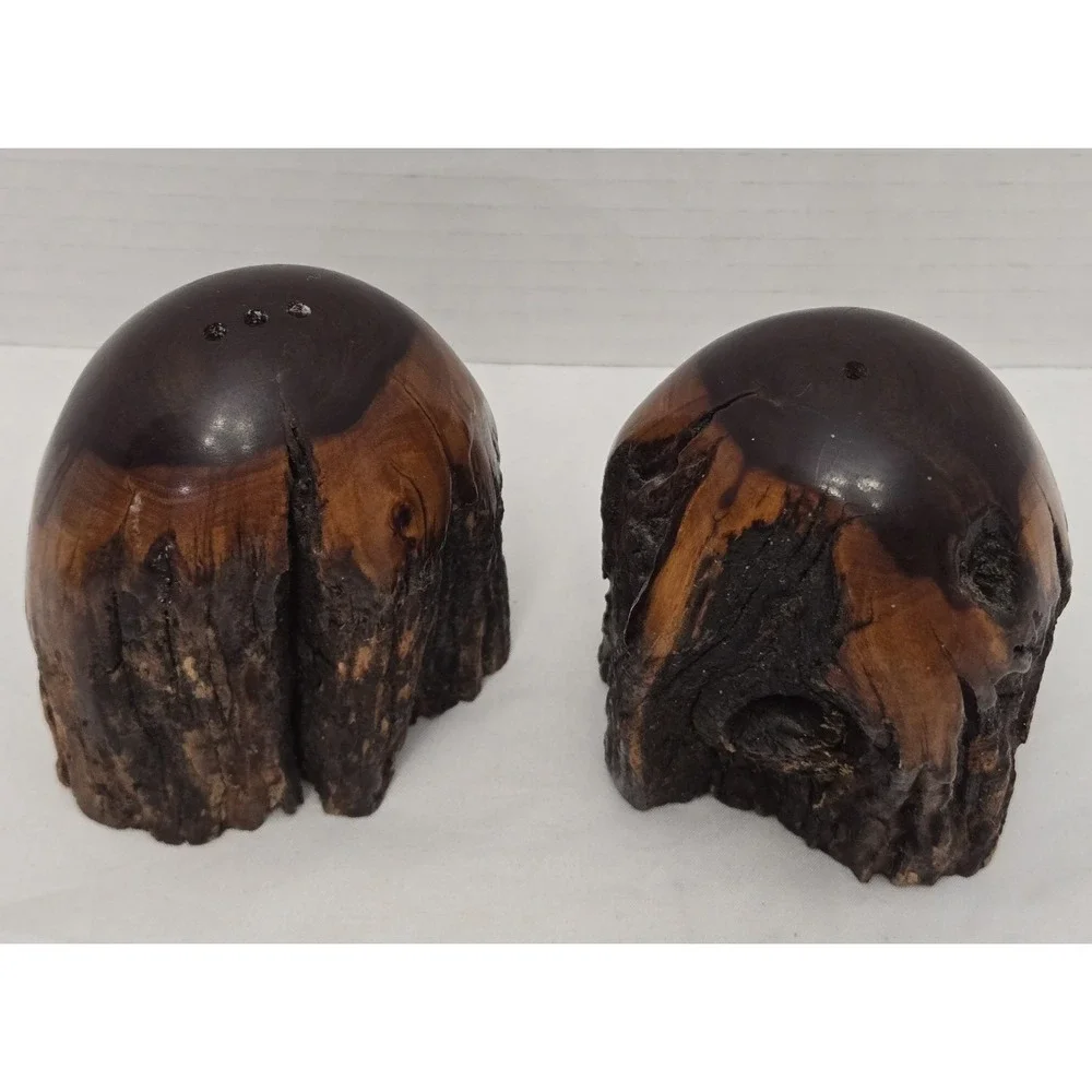 Vtg Handcrafted MCM California Redwood Tree Bark Live-Edge Salt/Pepper Shakers
